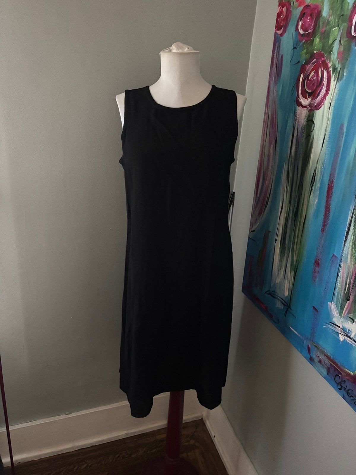 Eileen Fisher shift dress black sleeveless linen blend women's Petite S
