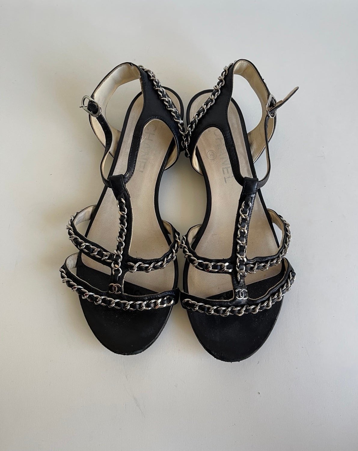 Chanel Black Leather Chain Sandals size 38.5