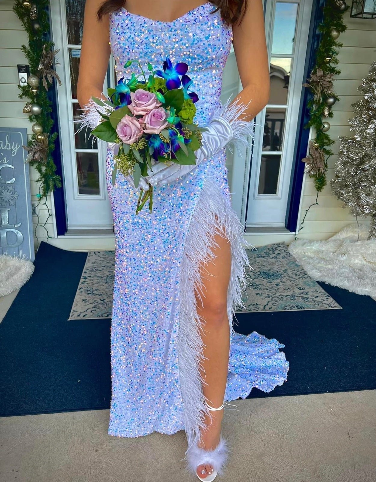 Semi Prom Dress Iridescent Icy White Feather Velvet Size 2