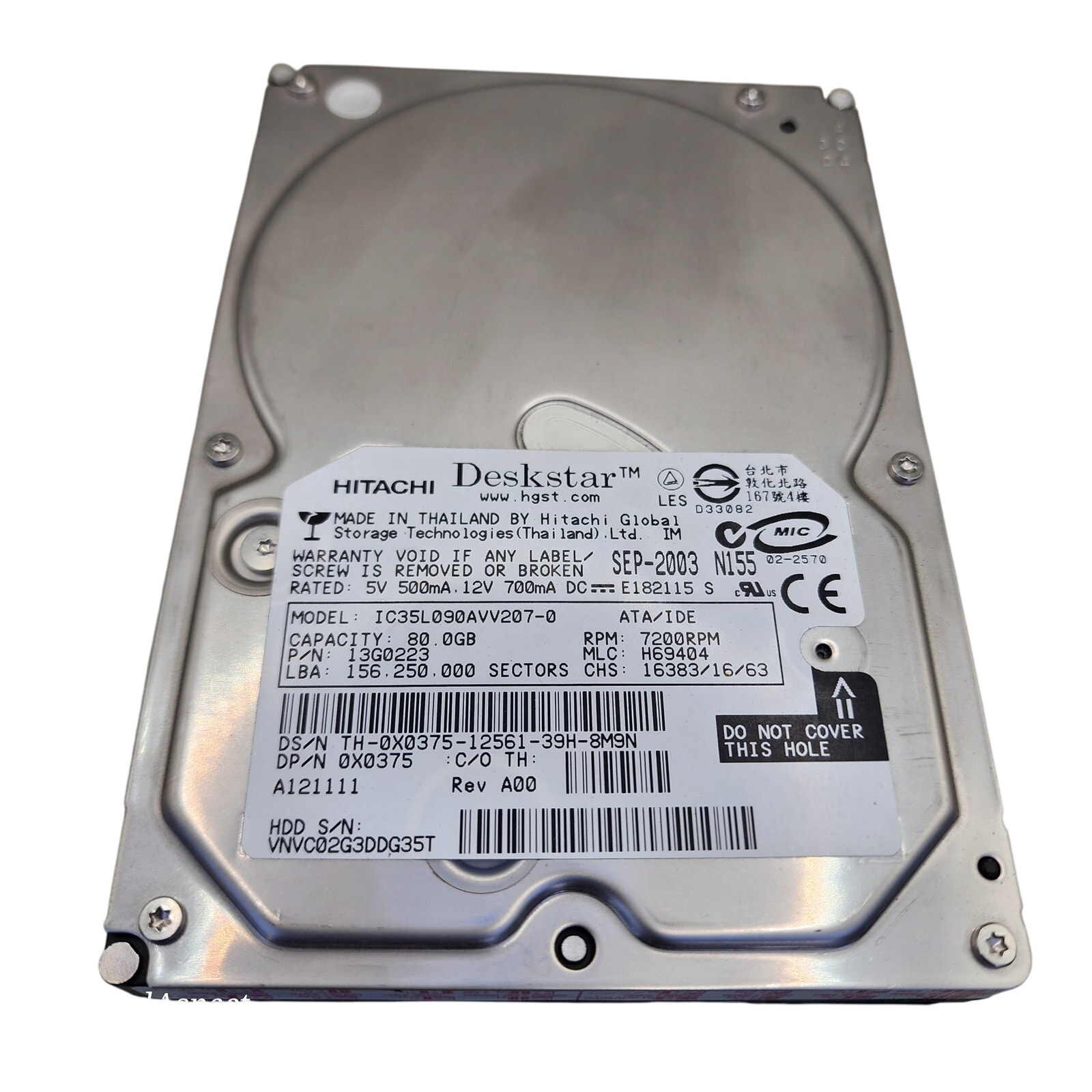 HITACHI Deskstar 80GB 3.5 IDE Internal Hard Drive IC35L090AVV207-0