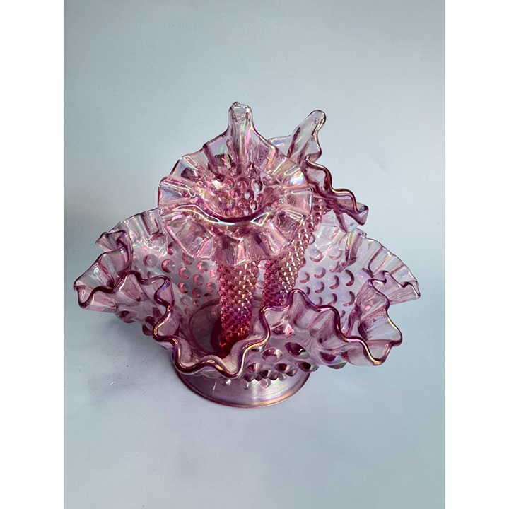 Fenton Pink Iridescent Hobnail Glass Epergne Centerpiece With Ruffled Edges & 3