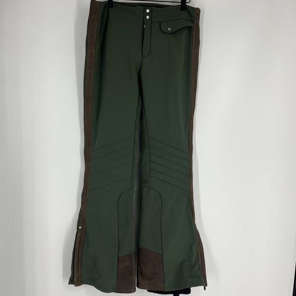 Ralph Lauren RLX Ski Pants Size Large Womens Olive Green Leather Trim Snowboard
