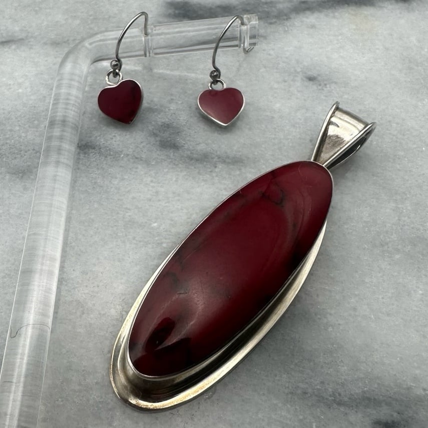 Sterling Silver Red Jasper Pendant Earrings Signed Set
