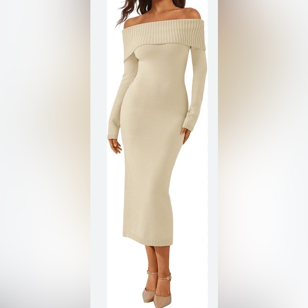NEW Beige Off Shoulder Sweater Turtleneck Midi Dress M