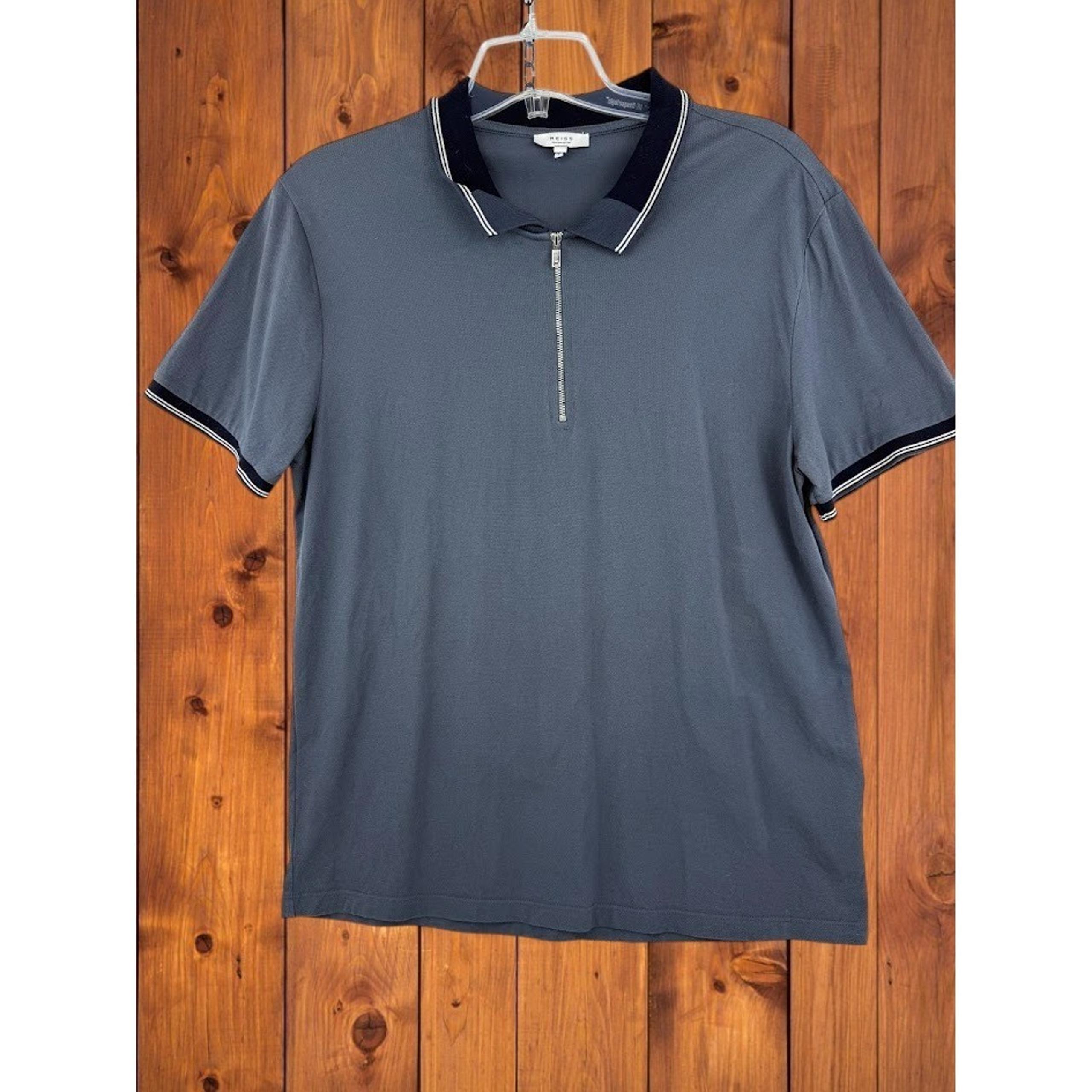 Reiss Men's Egyptian Cotton Zip-Up Polo Shirt XL Blue-Gray Short Sleeve