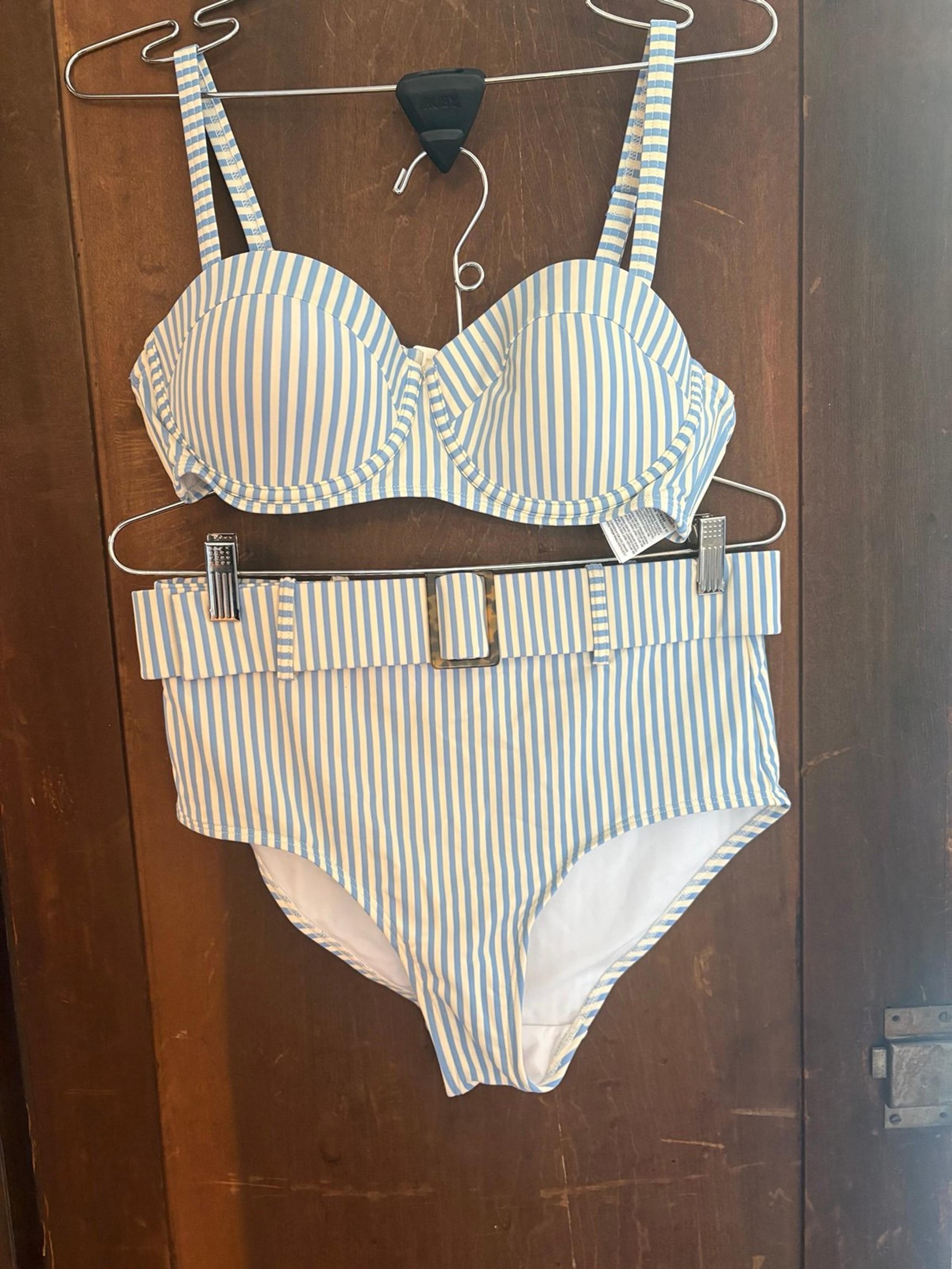Boden Women’s Bikini in blue/white stripe. High waist bottom with brown buckle