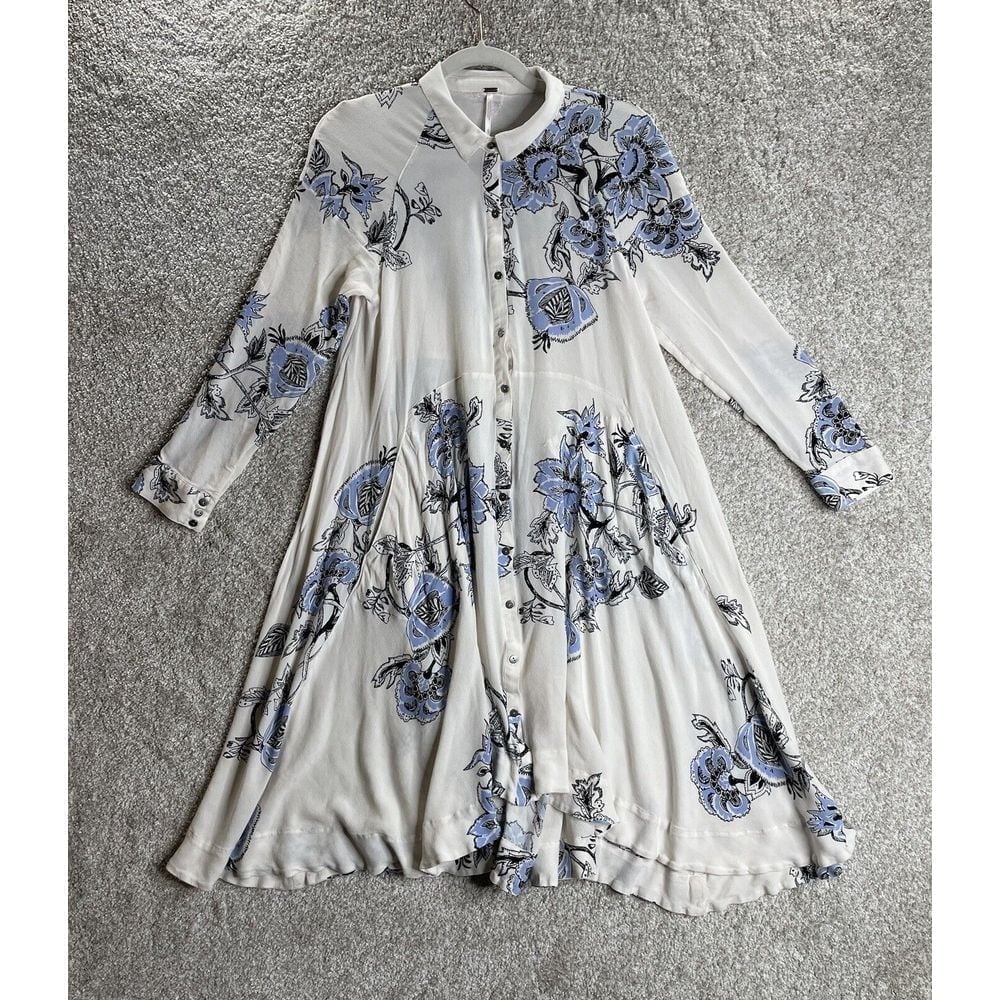Free People Dress XS Love of My Life Midi Powder print Blue Button Front
