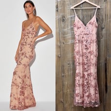 Rose Gold and Cream Floral Sequin Mermaid Maxi Dress