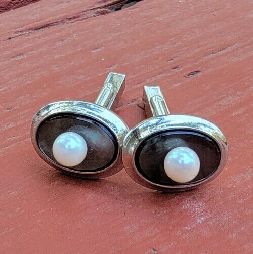 Vintage Silver Real Pearl Mother Of Pearl Onyx Black Cuff Links