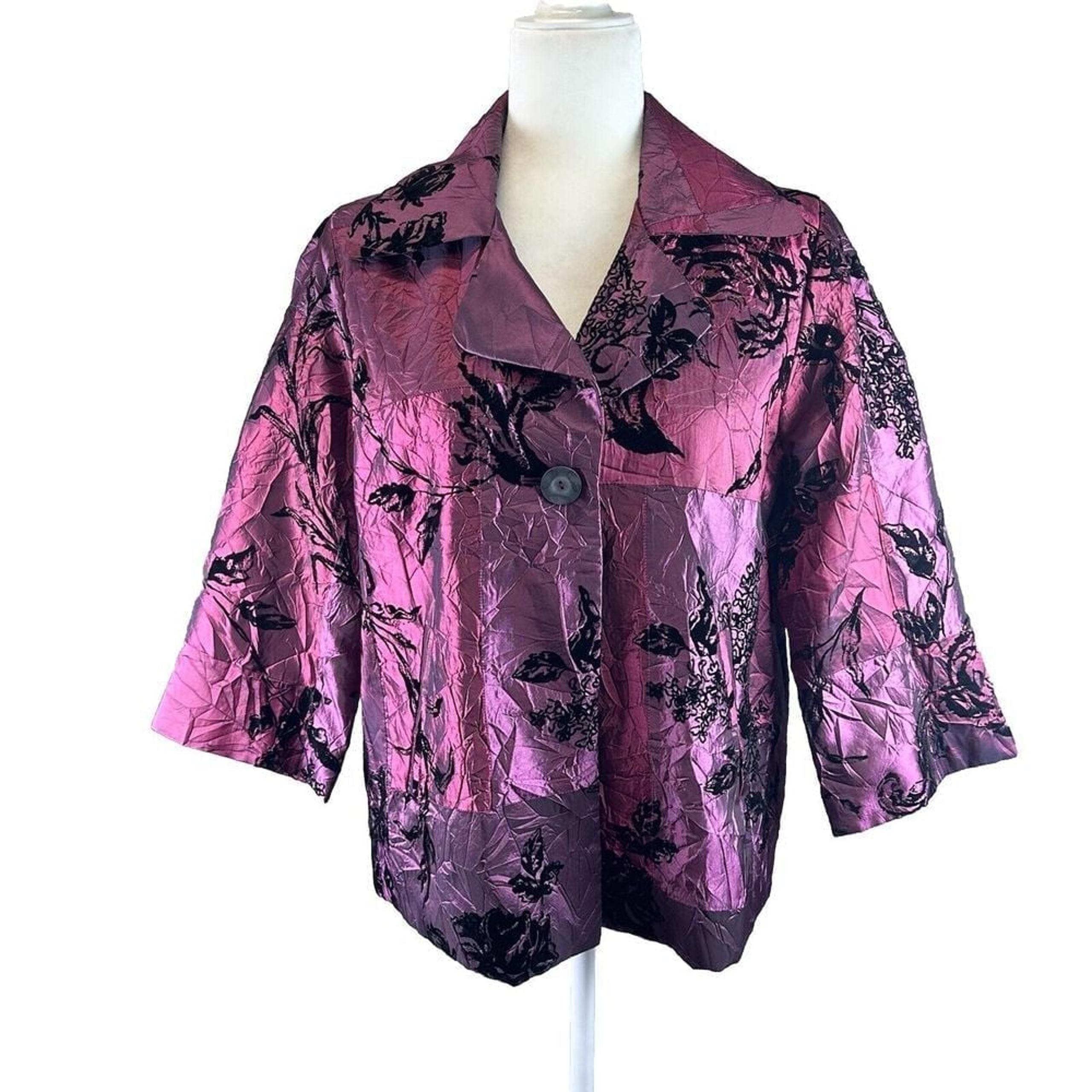 SUSAN GRAVER Women's Sz M Blazer Jacket Burgundy Taffeta & Black Velvet Floral