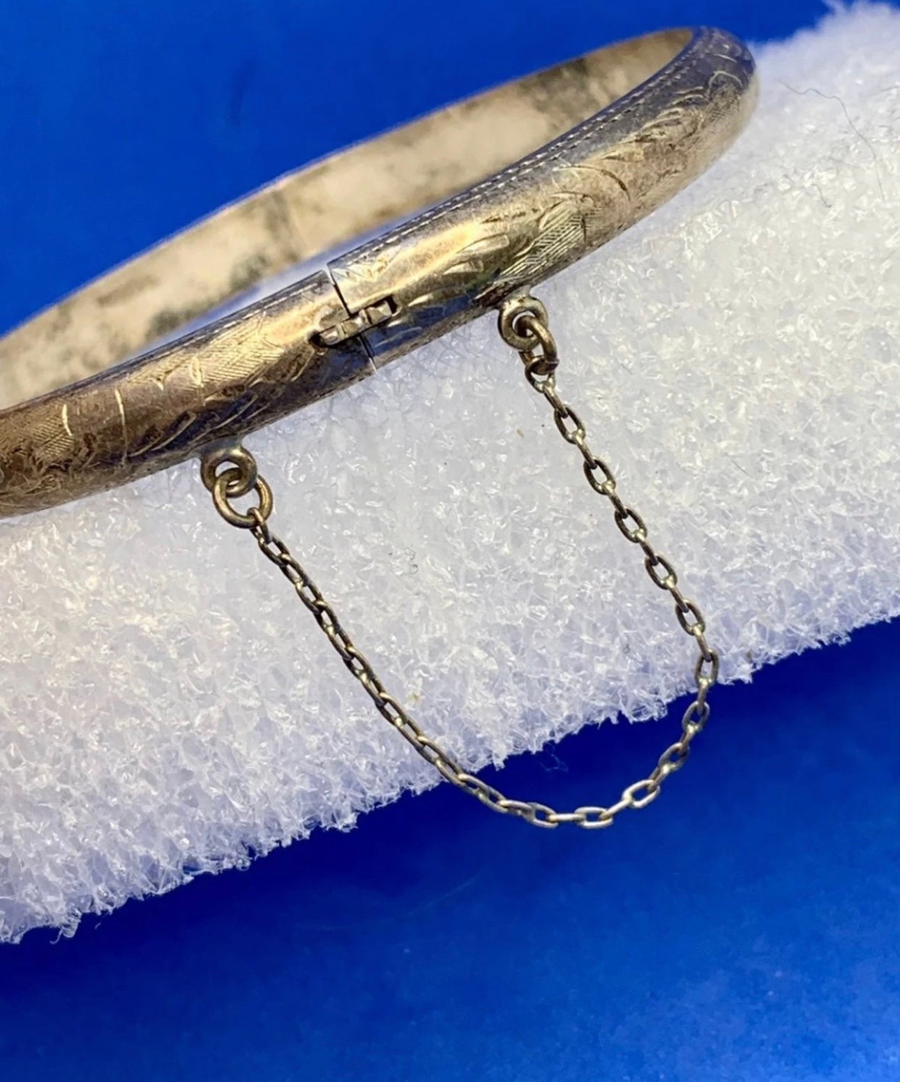 Vintage Sterling Antique Etched Bangle Bracelet with safety chain