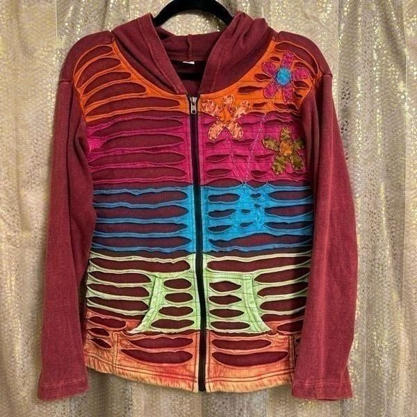 Himalayan Nepal Boho Handmade Cottagecore Flower Zip Sweater Medium