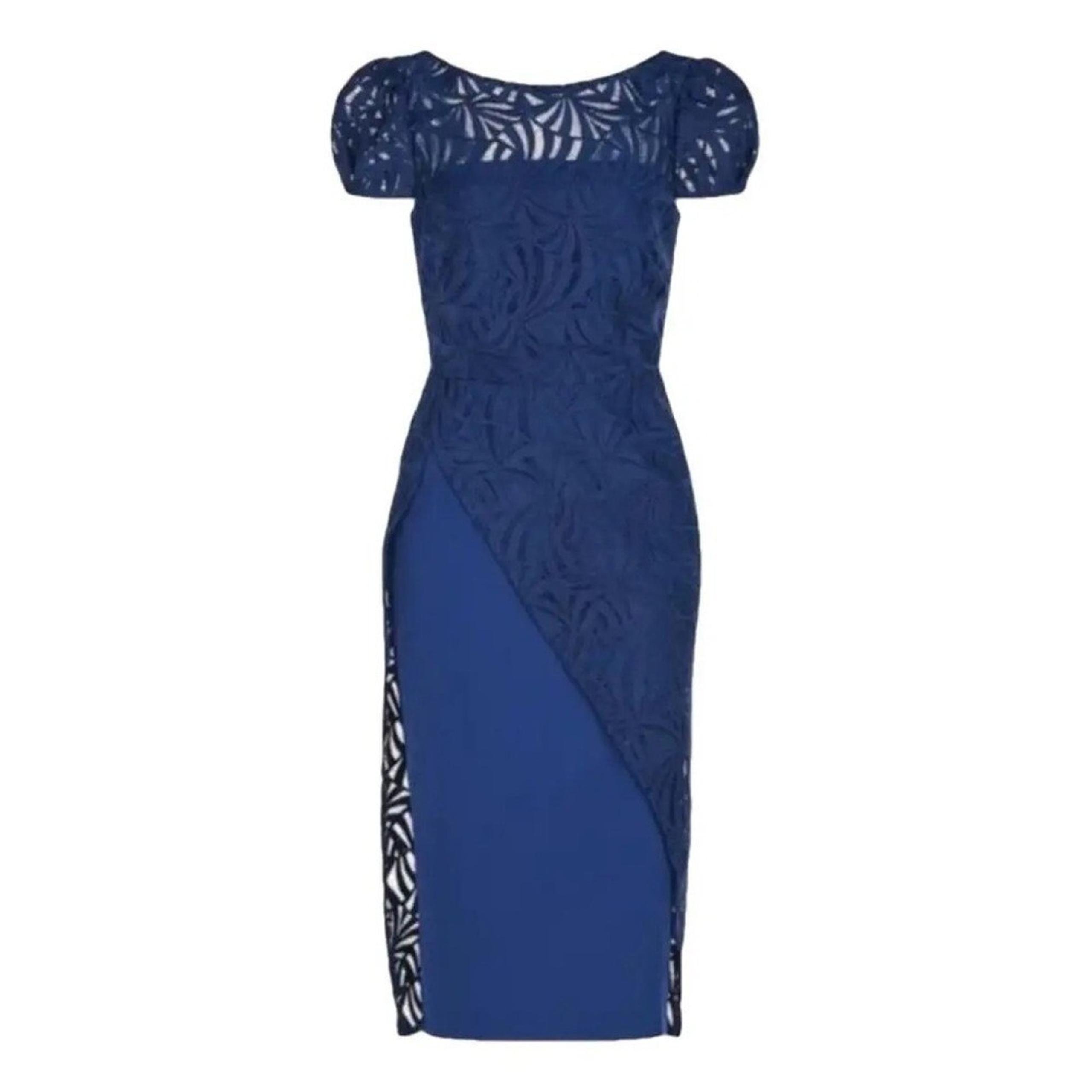 $328 Kay Unger Women's Blue Puff-Sleeve Sheath Zelda Lace Midi Dress Size 6