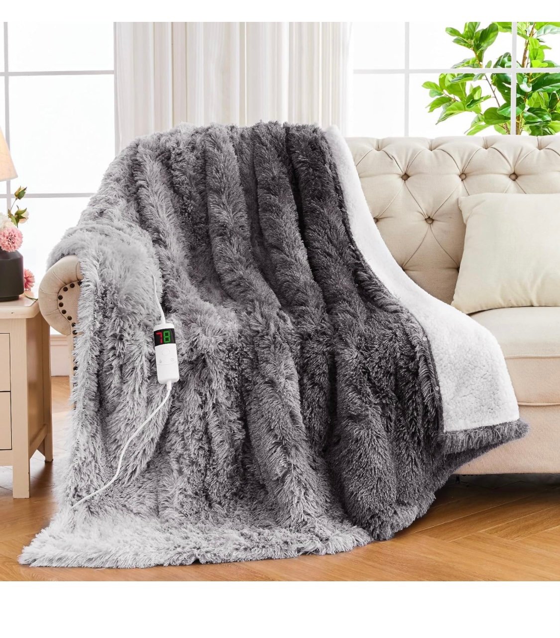 Electric Blanket with Faux Fur & Sherpa Fleece Heated Throw for Bed - Warming Pl