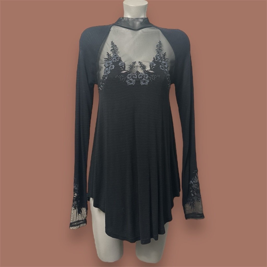 Free People Saheli Embroidered Mesh Top Black Extra Small XS NWT