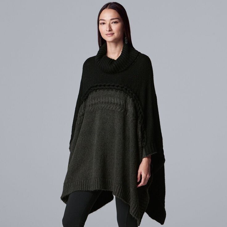 NWT Women's Simply Vera Vera Wang Mixed Cable Poncho Sweater, XL/XXL Dull Black