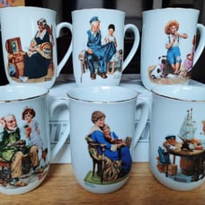 1982 Norman Rockwell Museum Coffee Mugs Cups White/Gold Trim Set of 6