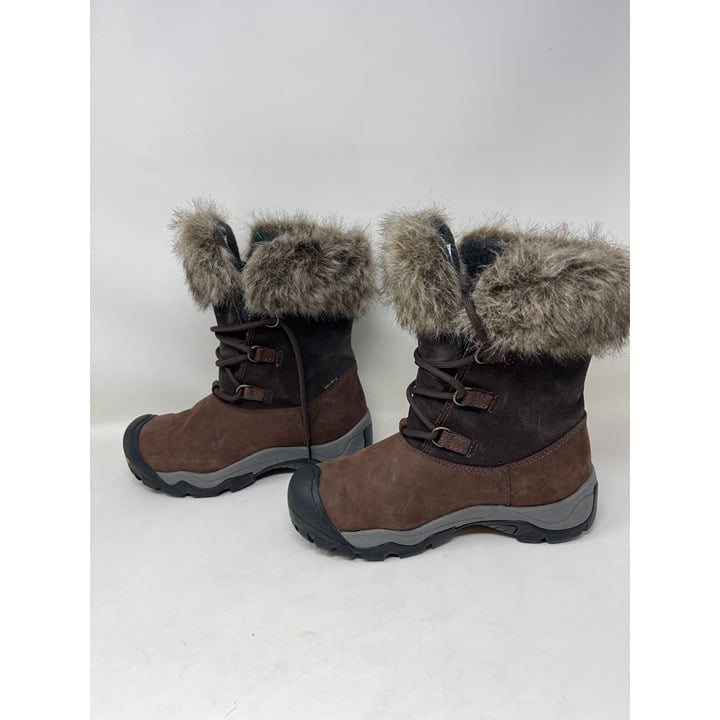 KEEN Helena Waterproof Insulated Leather Boots Faux Fur Lace Up Women 6.5 Brown