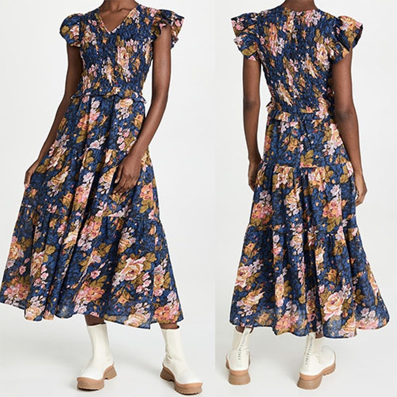 NWT Sea New York Floral Ines Flutter Sleeve Smocked Ruffled Blue Midi Dress