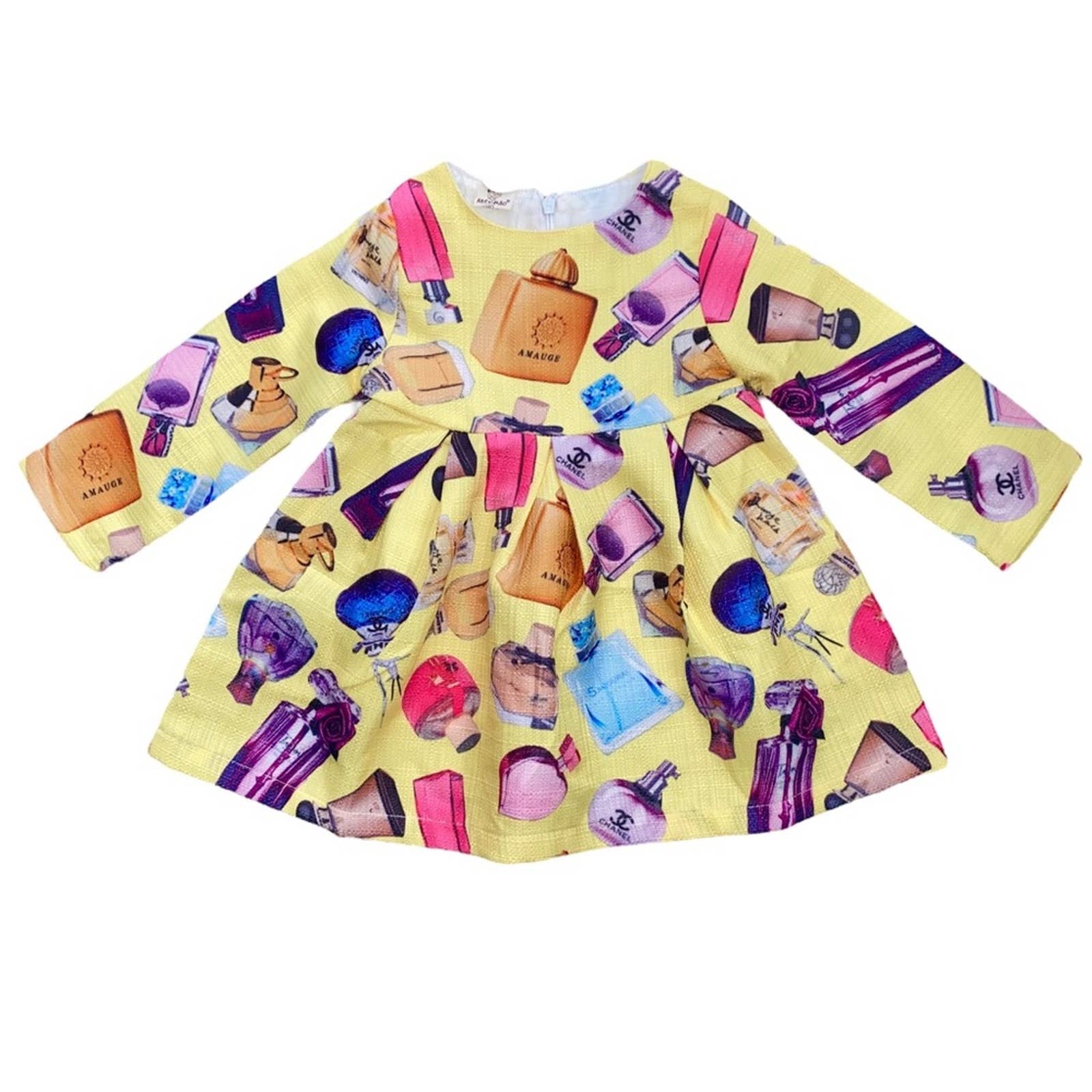 NWT 2T Boutique Baby Girls Designer Perfume Print Chanel Logo Yellow Dress
