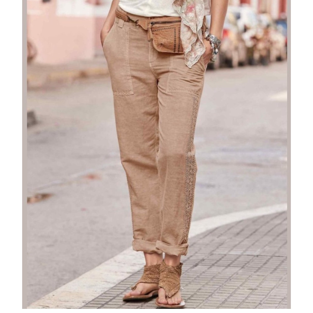 Sundance Organia Relaxed Linen Blend Lace Trim Pants Rose S