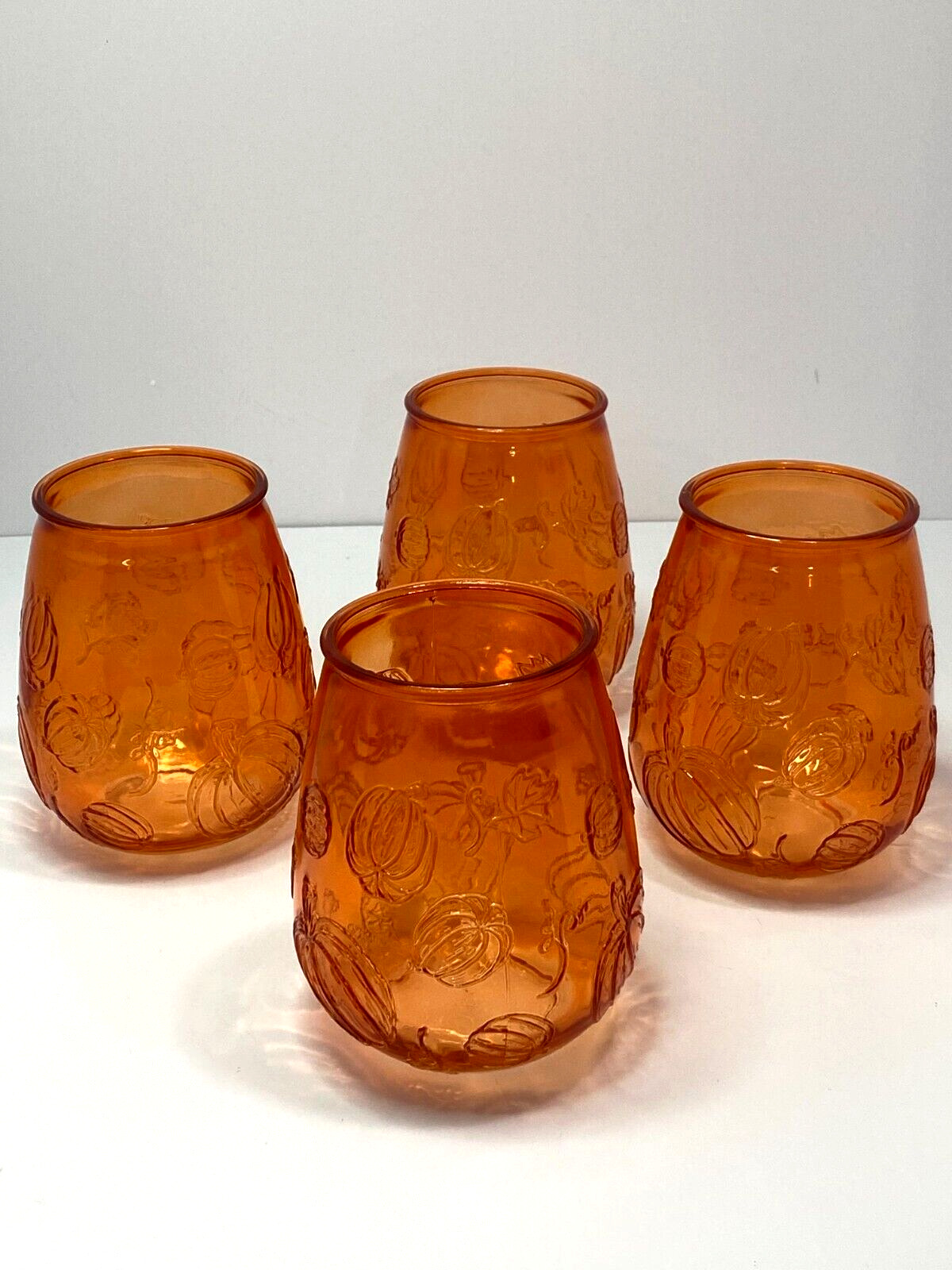 Stemless Wine Glass Candle Votives Set of 4 Hobby Lobby Pumpkin Fall Design