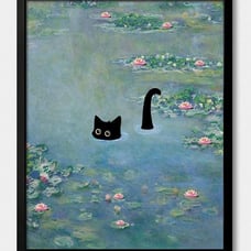 Hamduker Cat Wall Art Monet Prints Vintage Canvas Wall Art Funny Cat in Water