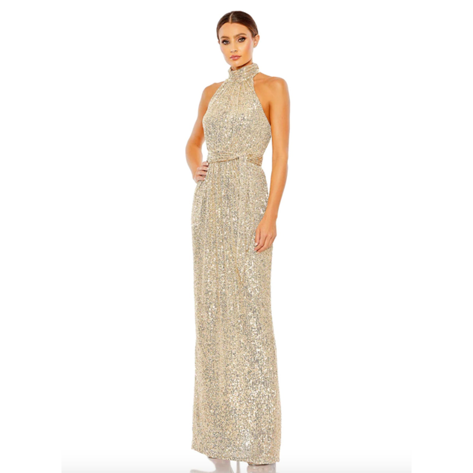 MAC DUGGAL Dress Size 4 Evening Gown Sequin Gold High Halter Neck NEW Tie Belt