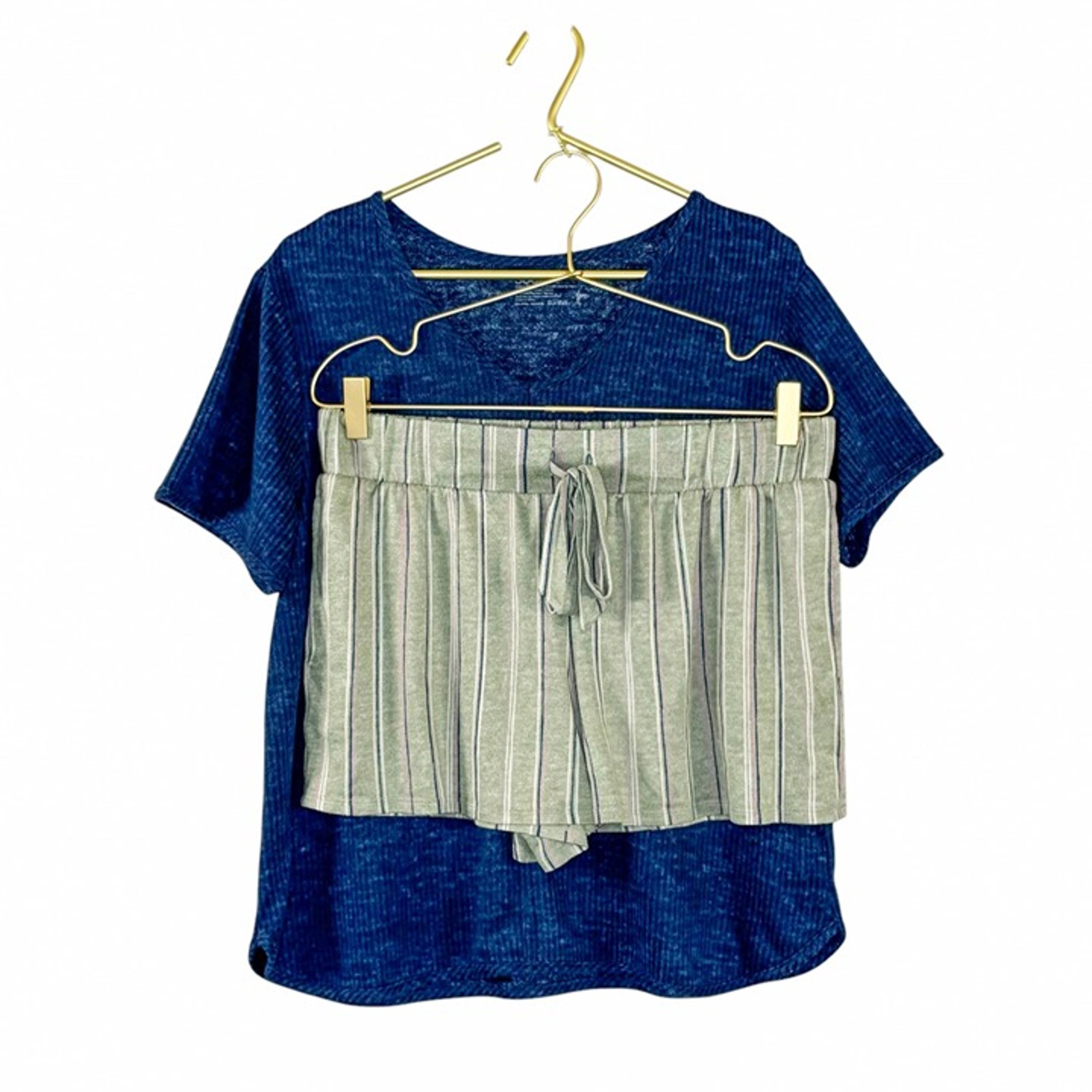 Jockey Women‘s Pajama Set Green Striped Shorts & Blue Solid Top L GOOD CONDITION