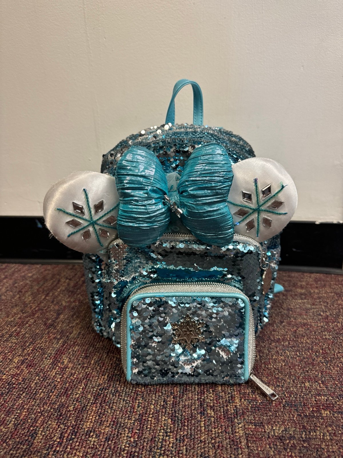 Elsa loungefly backpack, Mickey ears, and wallet