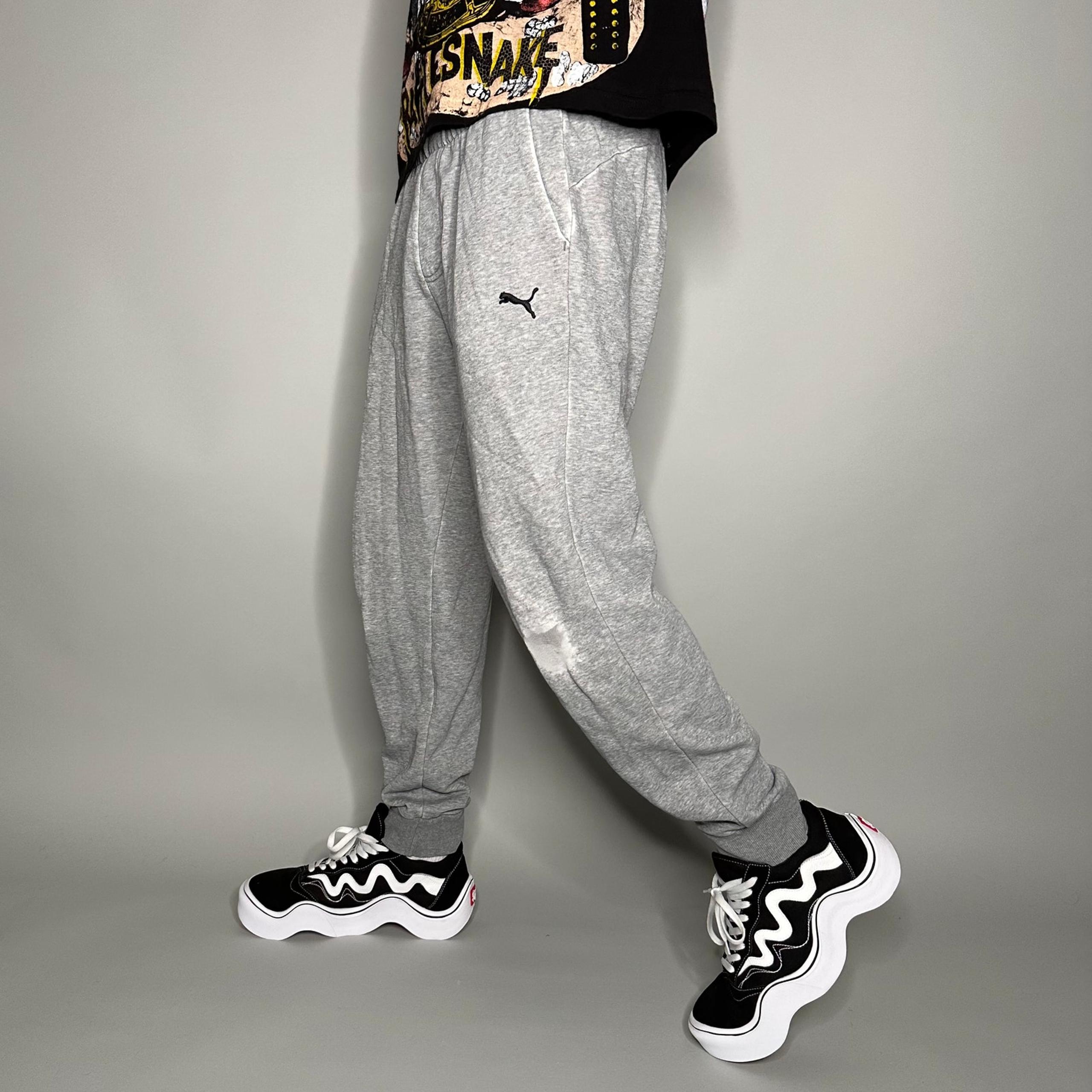Puma Joggers Light Grey Cotton Sweatpants Black Logo Baggy Fit