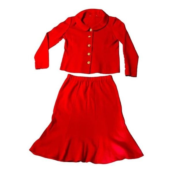St. John Collection Knit Blazer Jacket Ruffle Skirt Suit Red Vintage Set Size 6