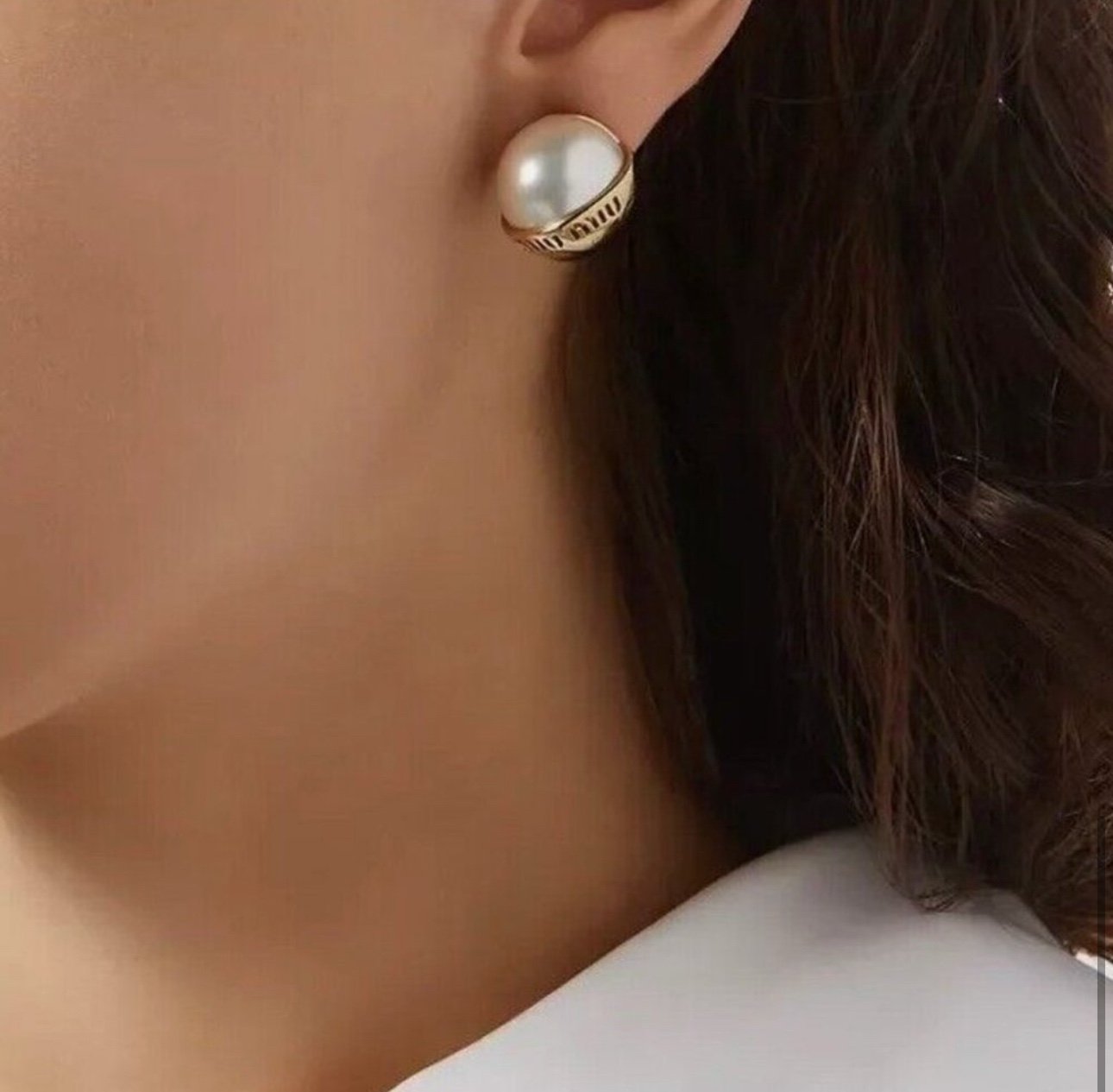 Miu Miu Gold Logo Pearl Stud Earrings