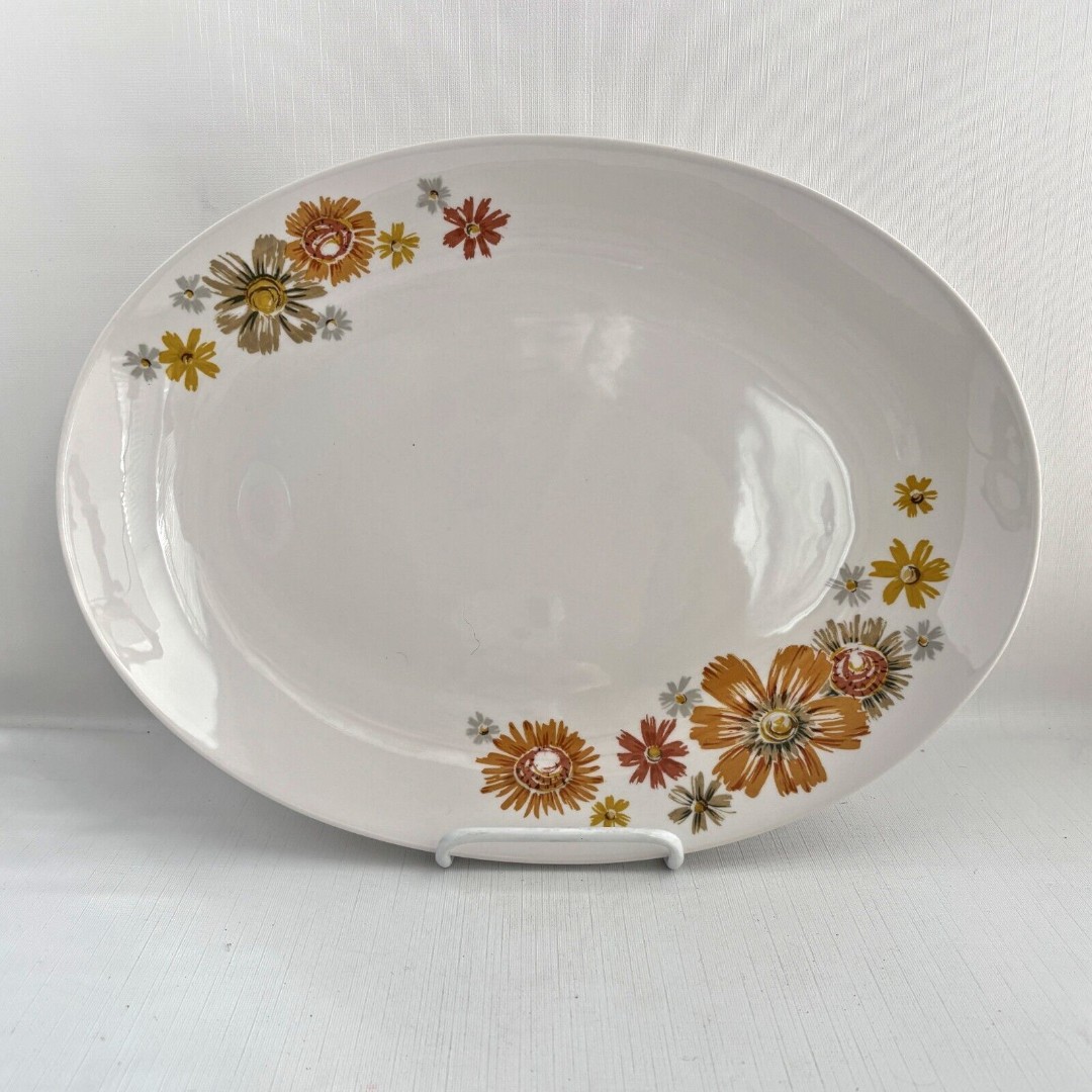 Japan Kokura Ware Iron Stone Oval Serving Platter Marigold Yellow 1950s Vintage