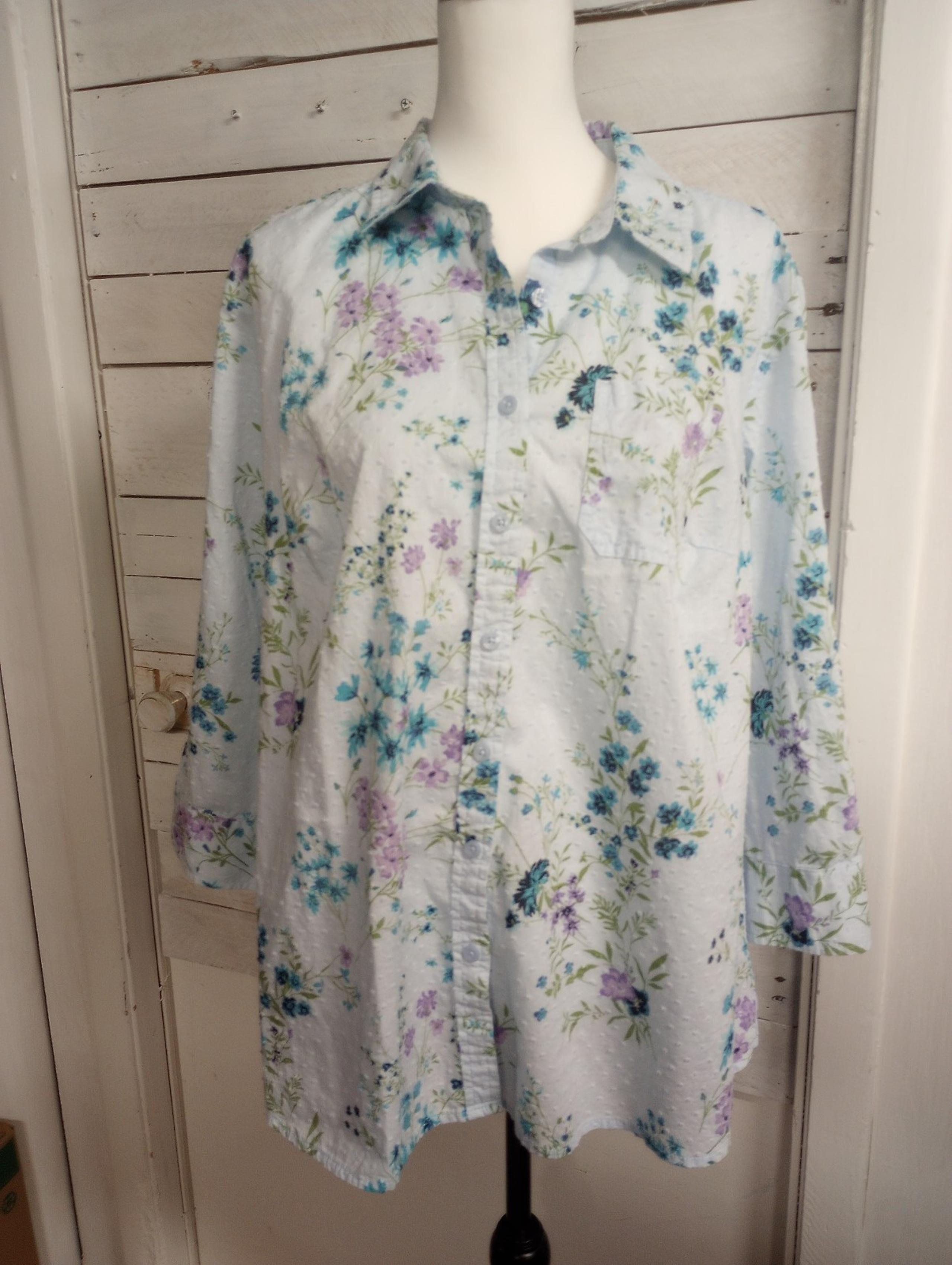 Karen Scott Size 0X Cotton Textured Floral Blouse Button up 3/4 Sleeves Spring