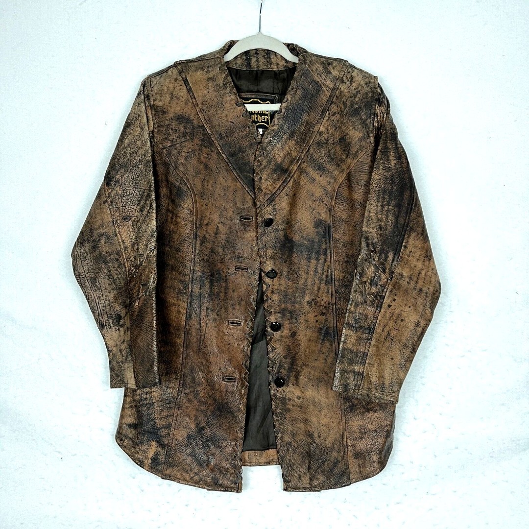 VTG Womens Brown distressed leather coat Lined SZ M Retro Rugged Western style