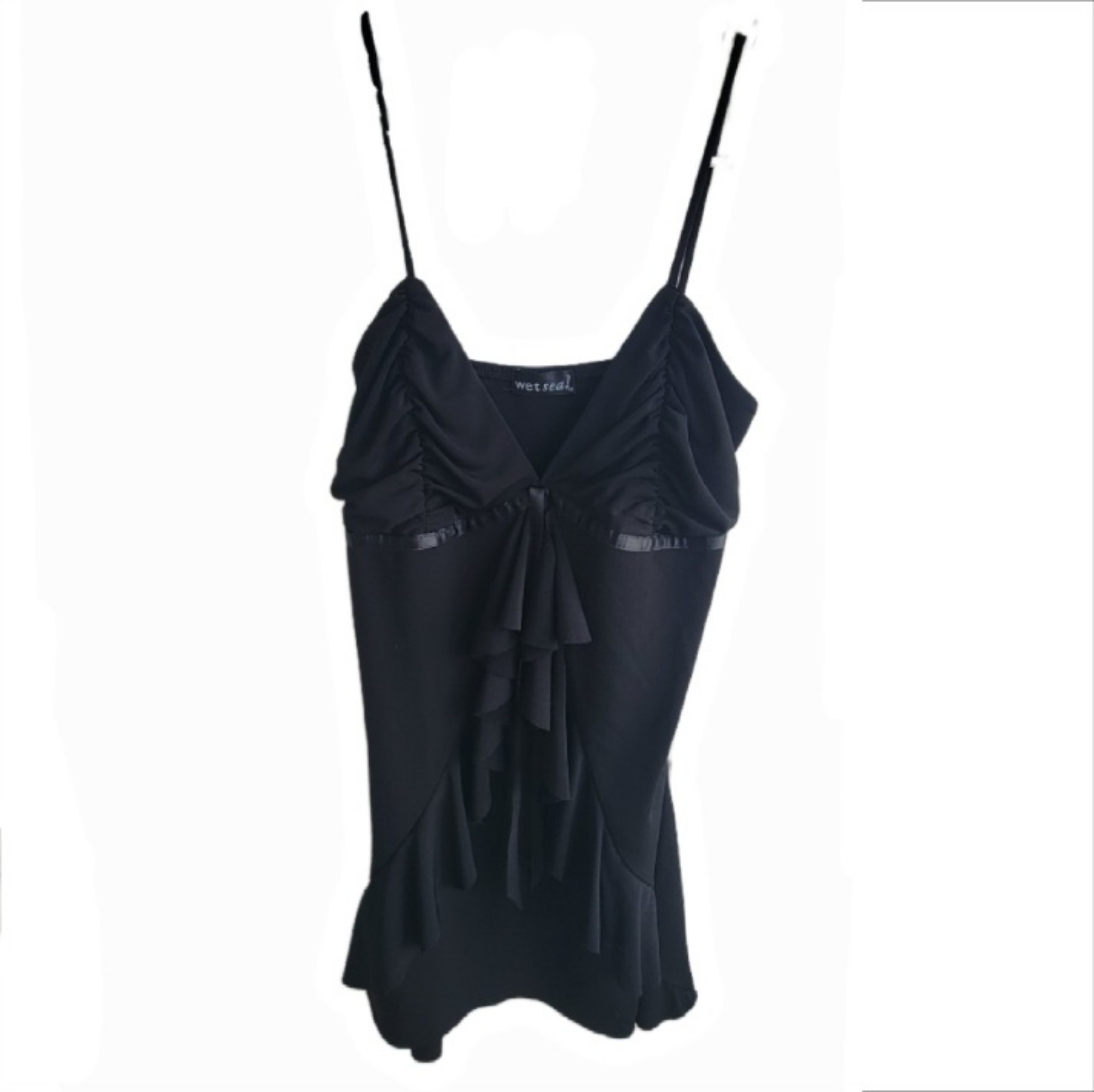 NWOT Wet Seal Vintage Style Ruffle Black Spaghetti Strap Tank Top Blouse Small