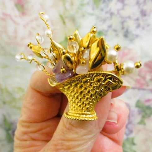Amethyst Pearl Rock Crystal Gold Floral Basket Brooch ~ BUTLER & WILSON Brooch