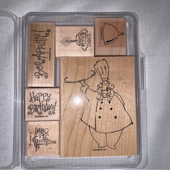STAMPIN UP! Bon Appetite Wood Rubber 6 Set Birthday Chef Cake French Food Dining