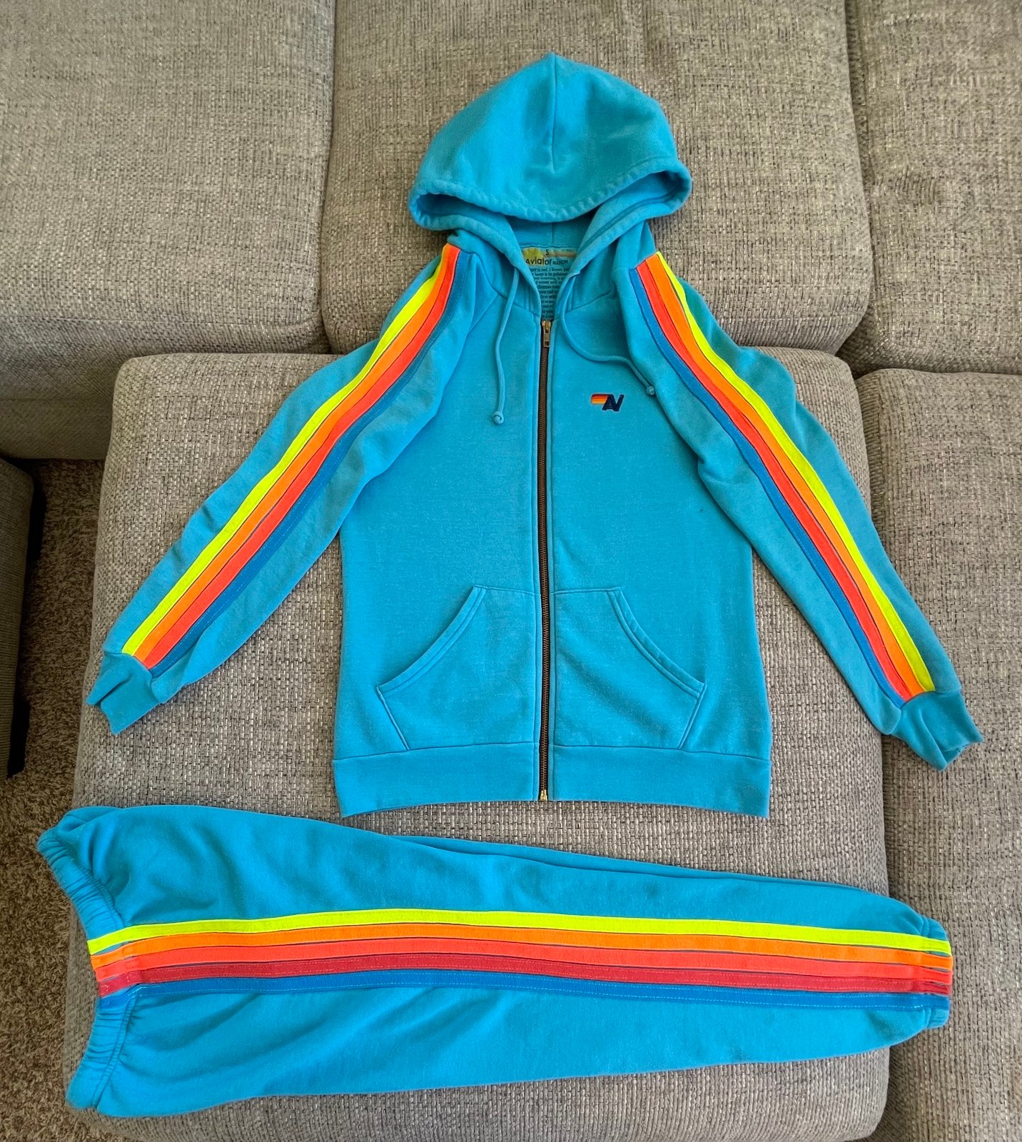 Aviator Nation Neon Blue 5 Stripe Zip Hoodie & Sweatpants Set Size Small