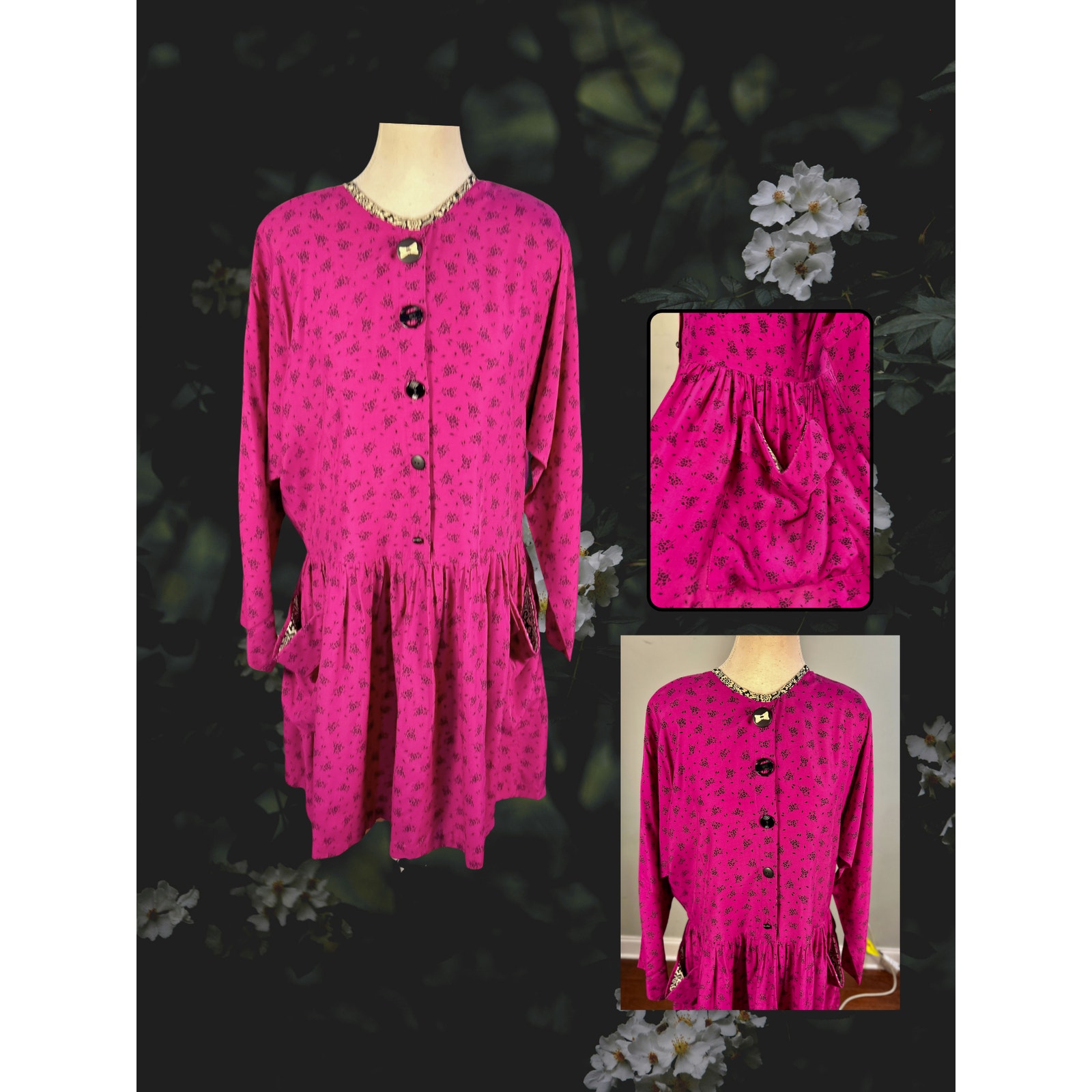 Vintage 80s 90s Janice McCarty Fuschia Black Ditsy Floral Smock Dress Size 8 M