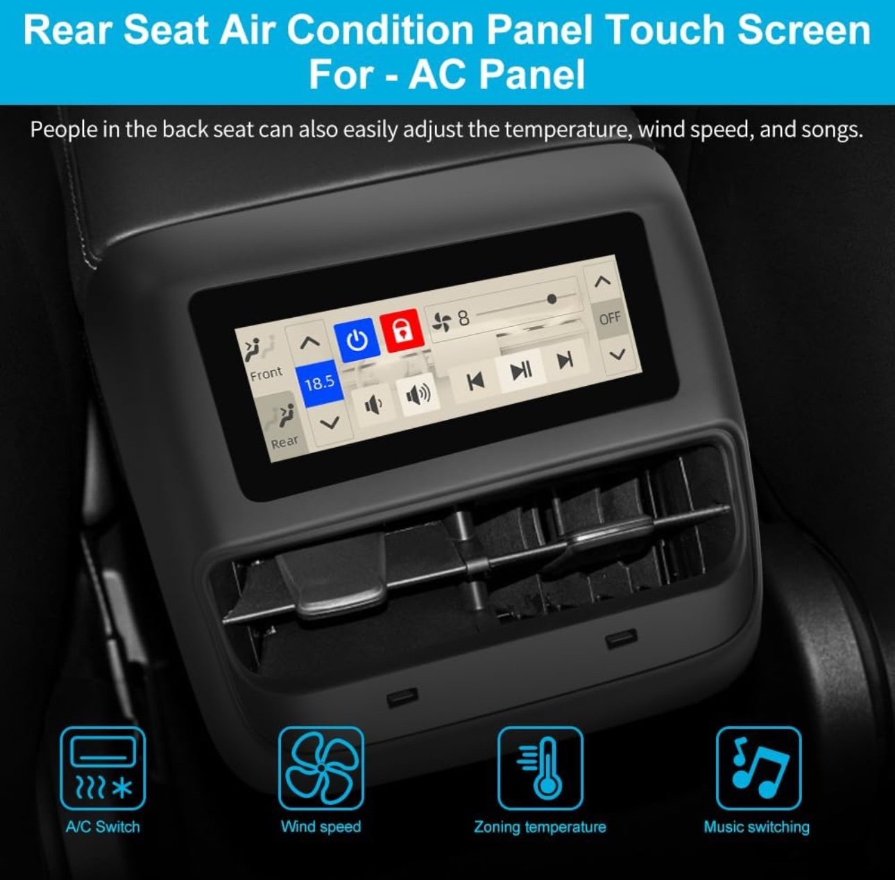 Tesla Model 3/Y Rear Climate & Music Control Screen with USB-A