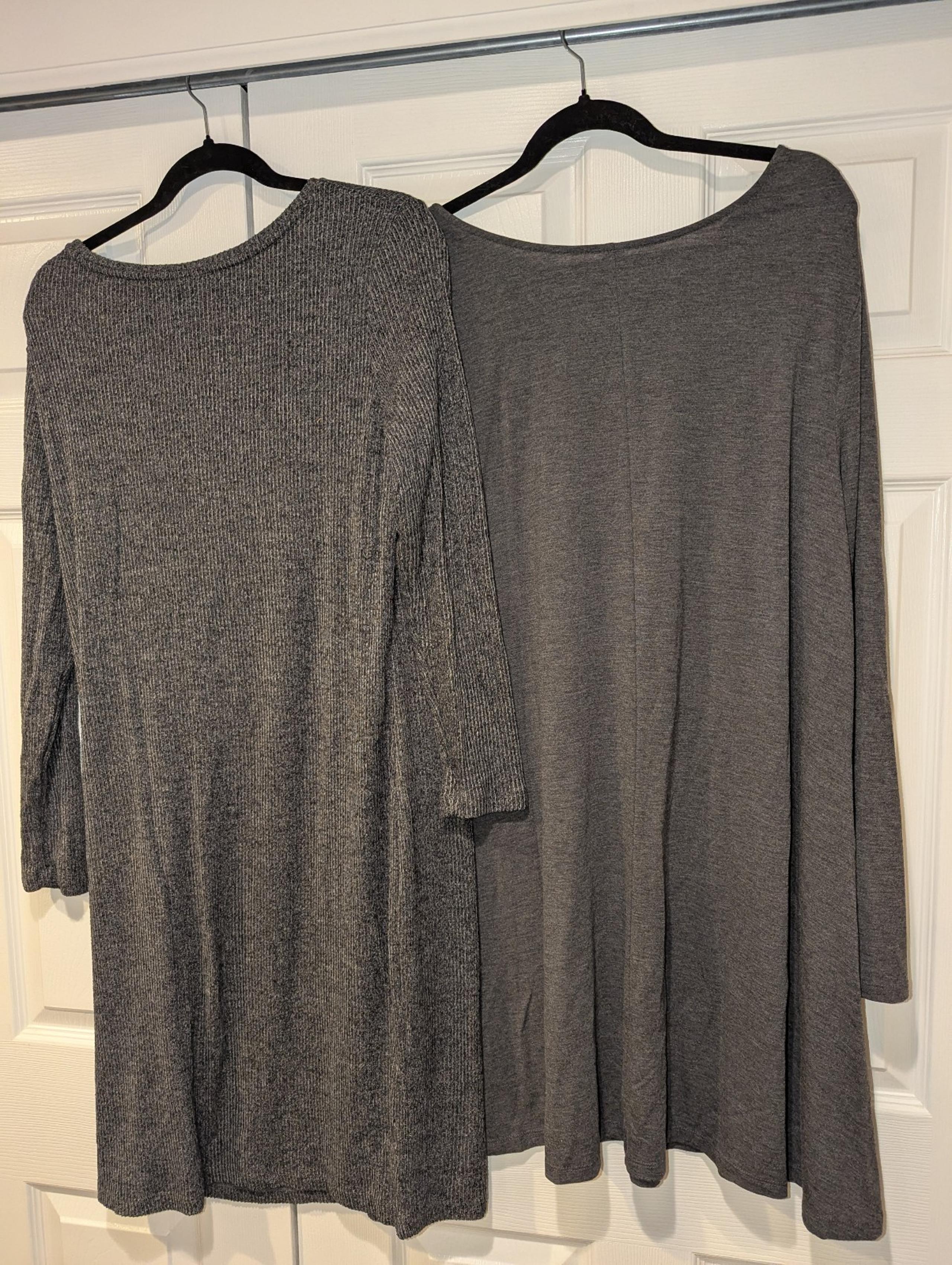 Two gray knee length long sleeved dresses, size XXL