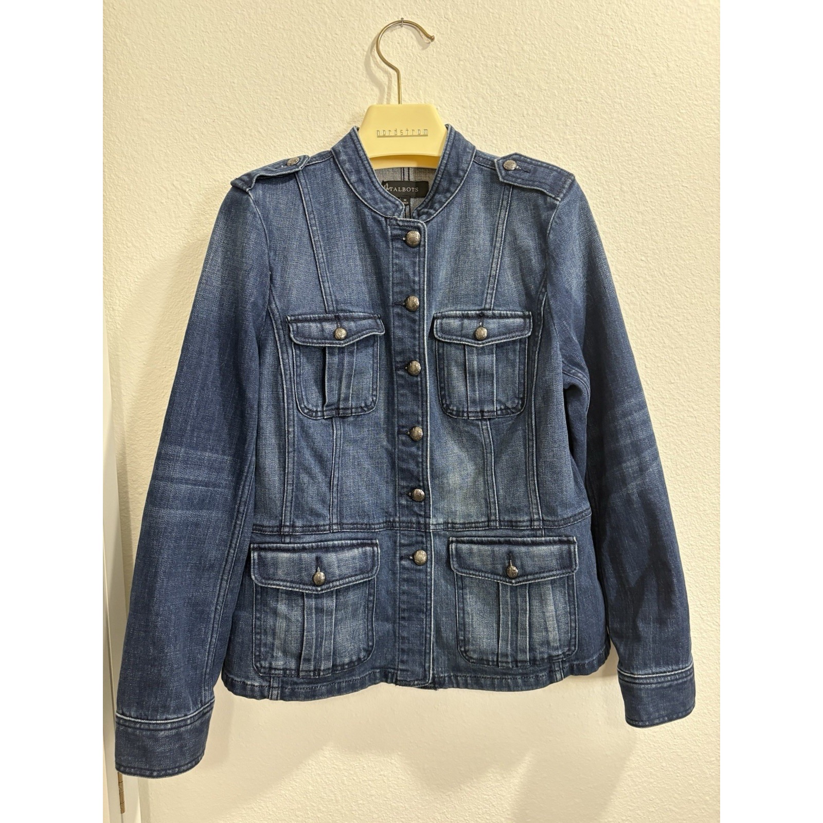 Talbots Womens Jean Jacket Medium Blue Denim Utility Cargo Military Cotton EUC