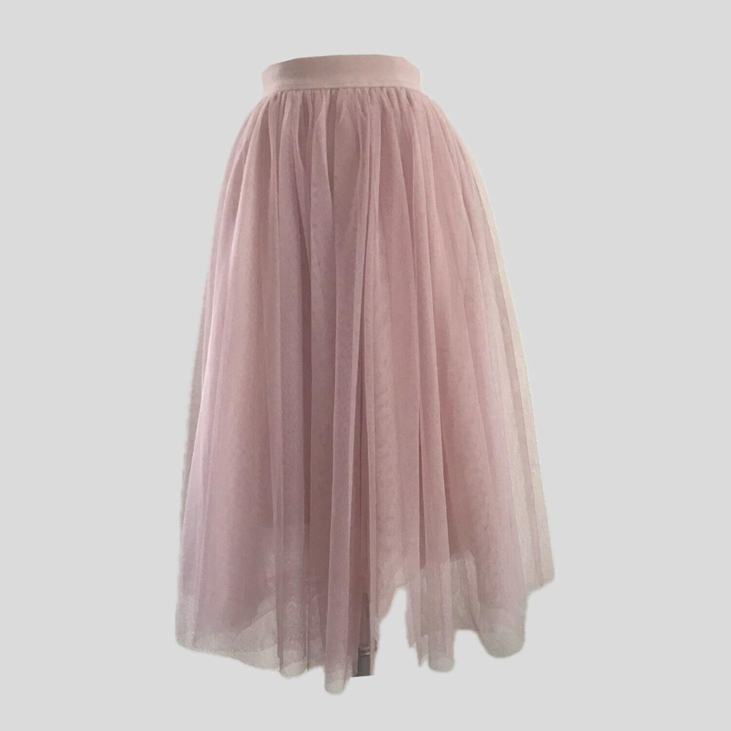 Esley Beige Pink Tulle A Line Flared Ballet Core Knee Length Midi Skirt - S