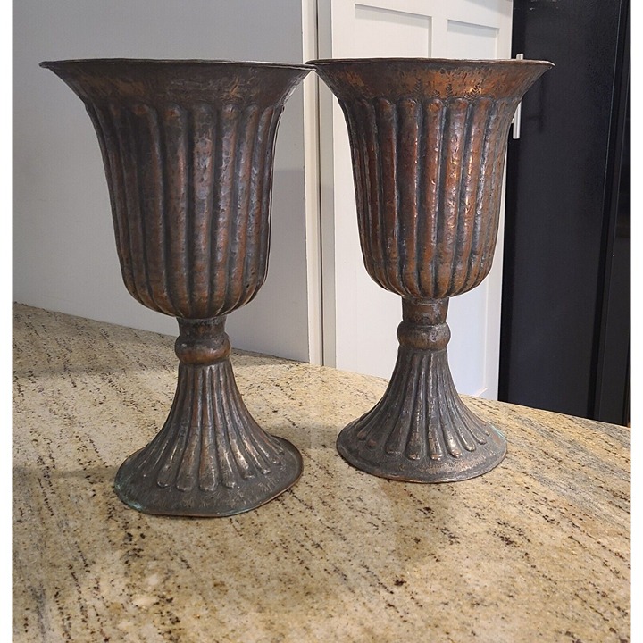 Set of 2 Vintage Hammered Copper Vase Pot Etched Design Egypt 14 Fluted