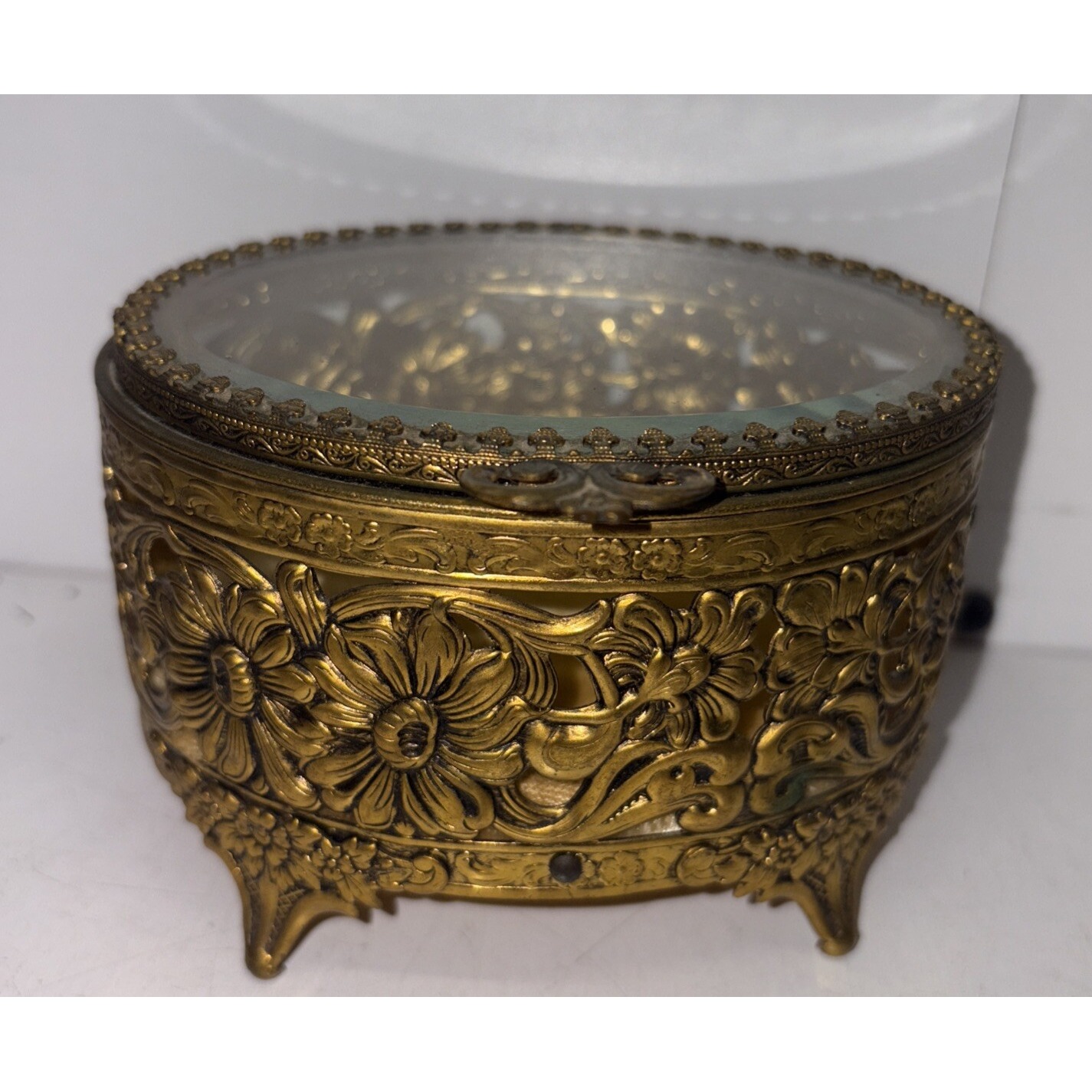 Antique Jewelry Casket Oval Ornate French Pierced Gilt Brass & Beveled Glass