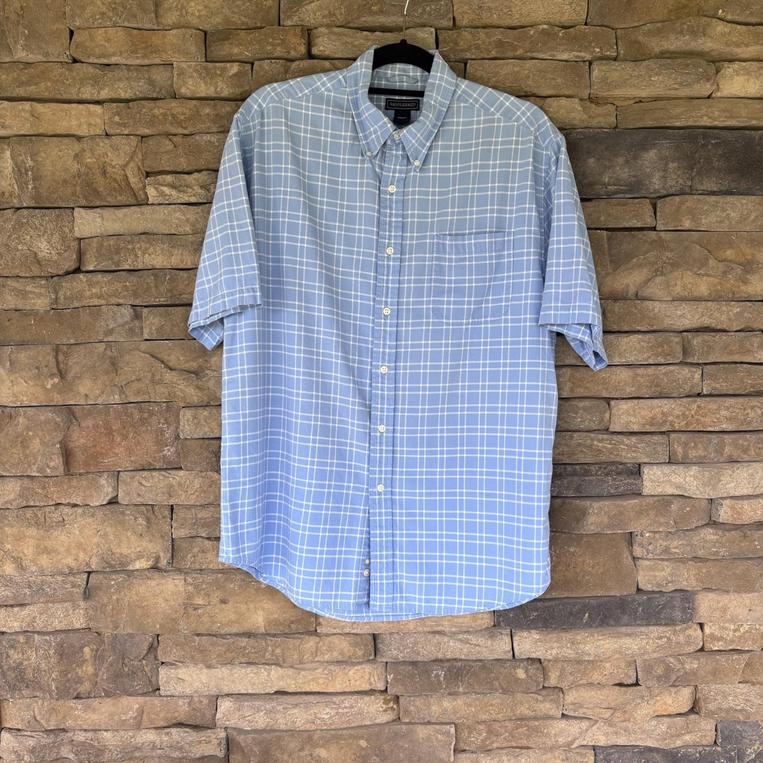 Mens Saddlebred Shirt Blue  Plaid Sz Large Short Sleeve Button Front EUC