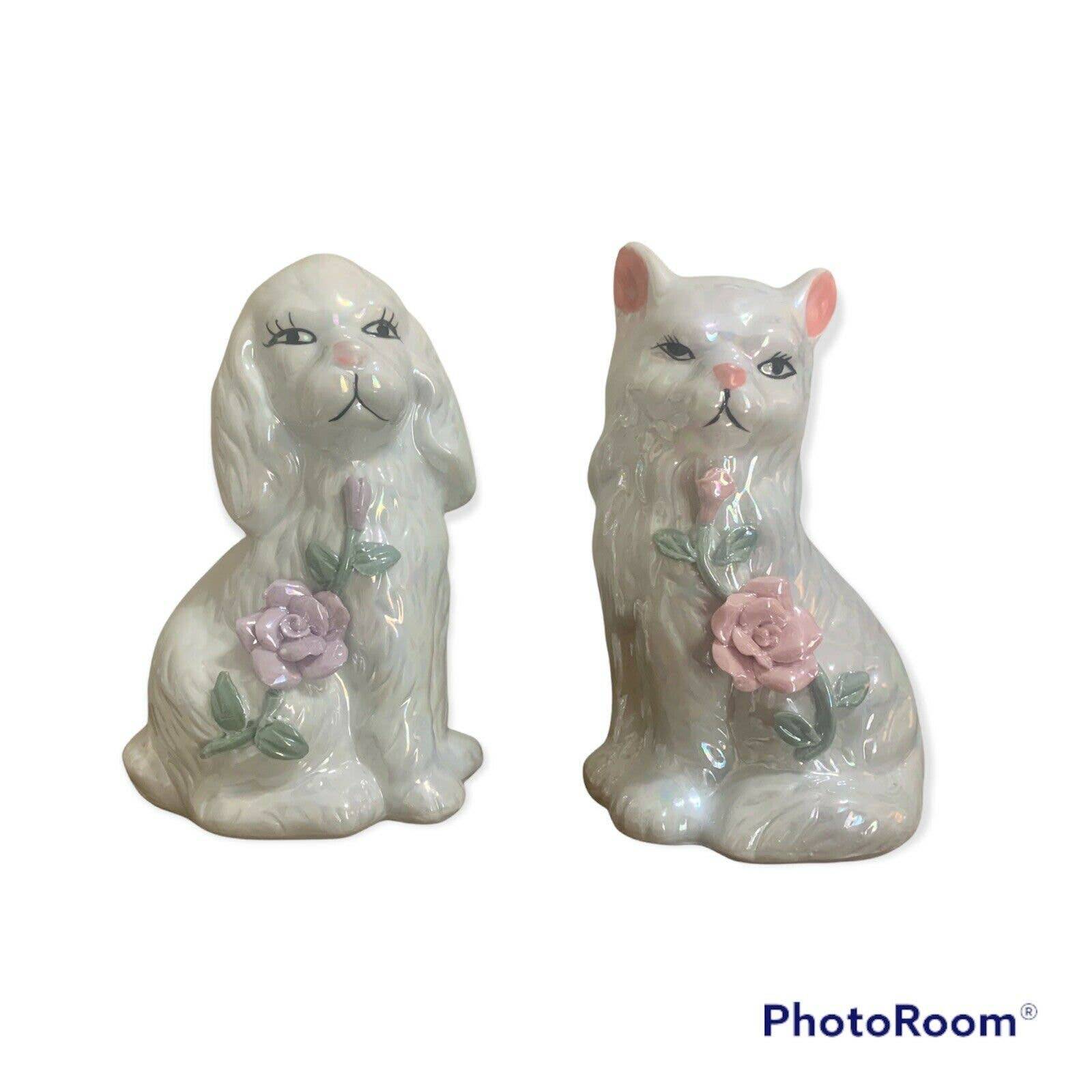 Vintage Lustreware White Iridescent Rose Staffordshire Style Set Dog Cat
