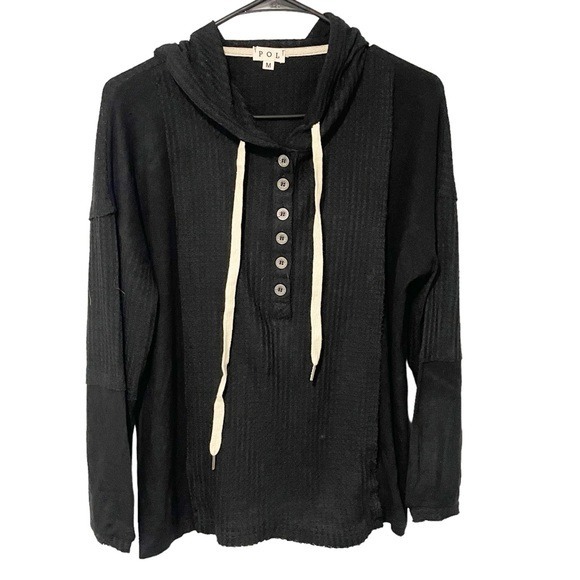 POL Size Medium Black Half Button Waffle Knit Hooded Top Long Sleeve